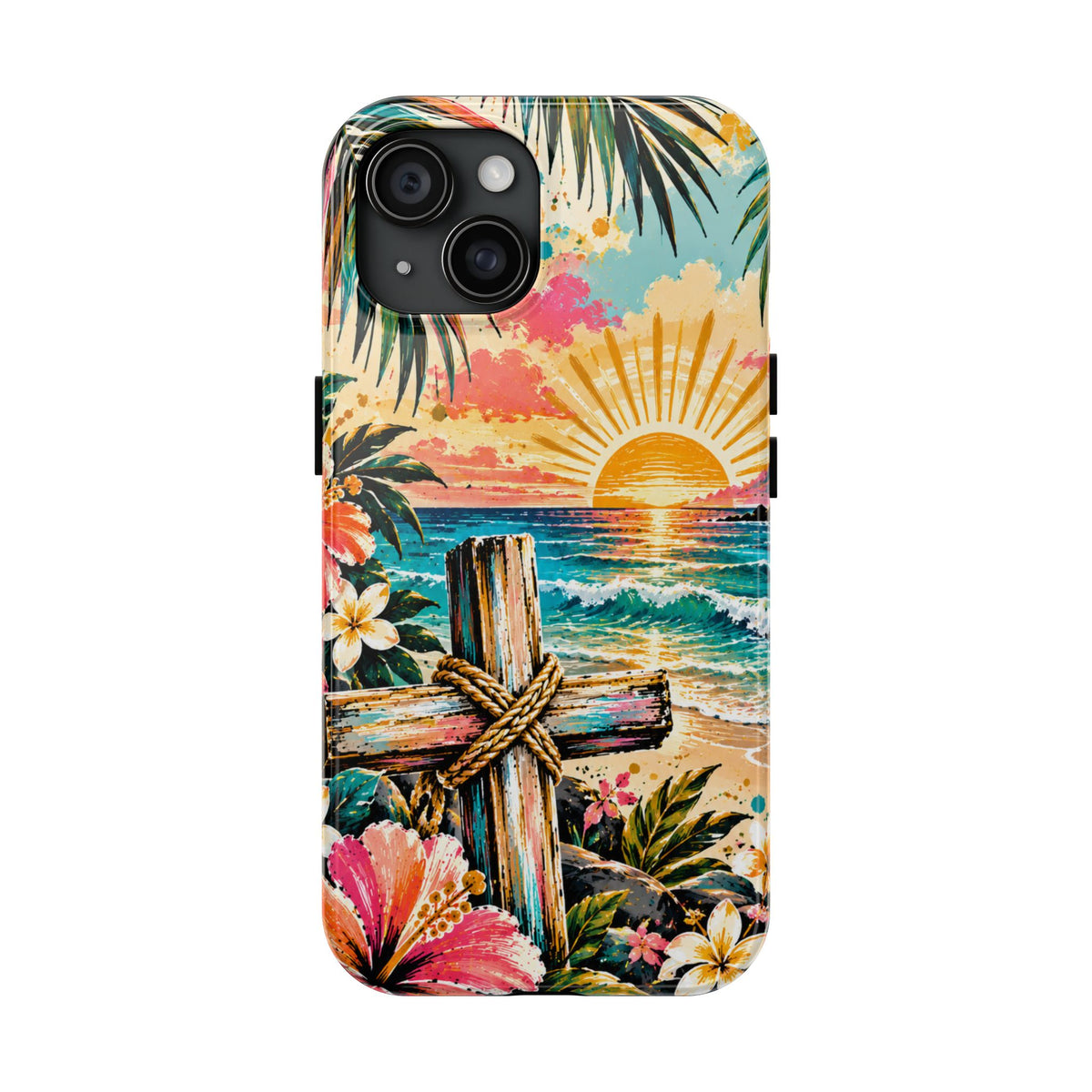 Tropical Cross Christian Phone Case | Beach Sunset & Floral Faith-Inspired Protective Case