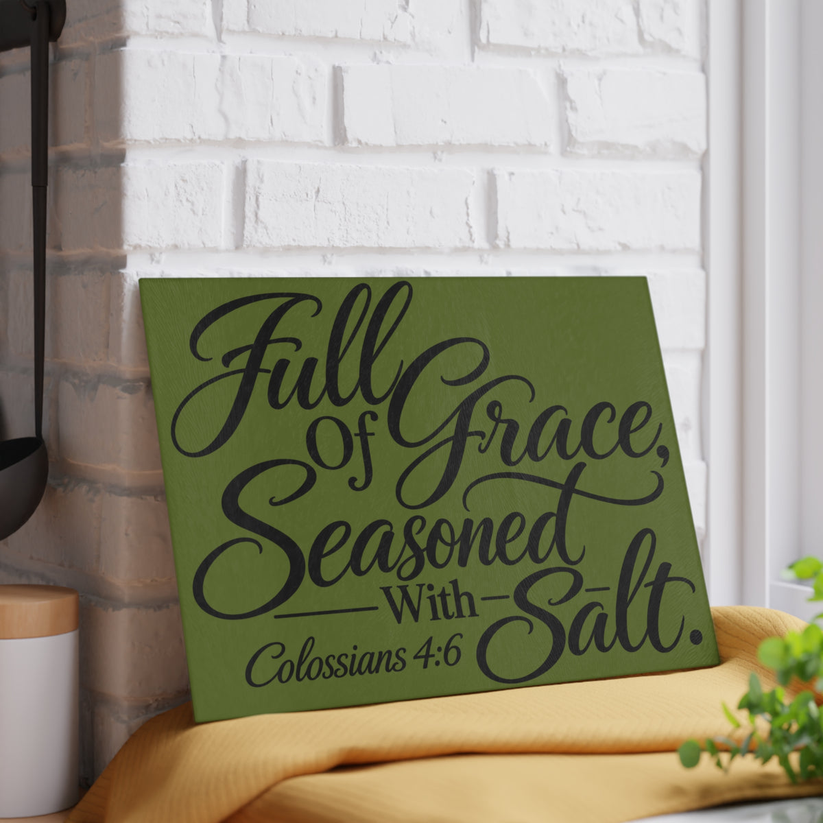 Full of Grace, Seasoned with Salt Glass Cutting Board | Olive Green Christian Kitchen Decor | Colossians 4:6