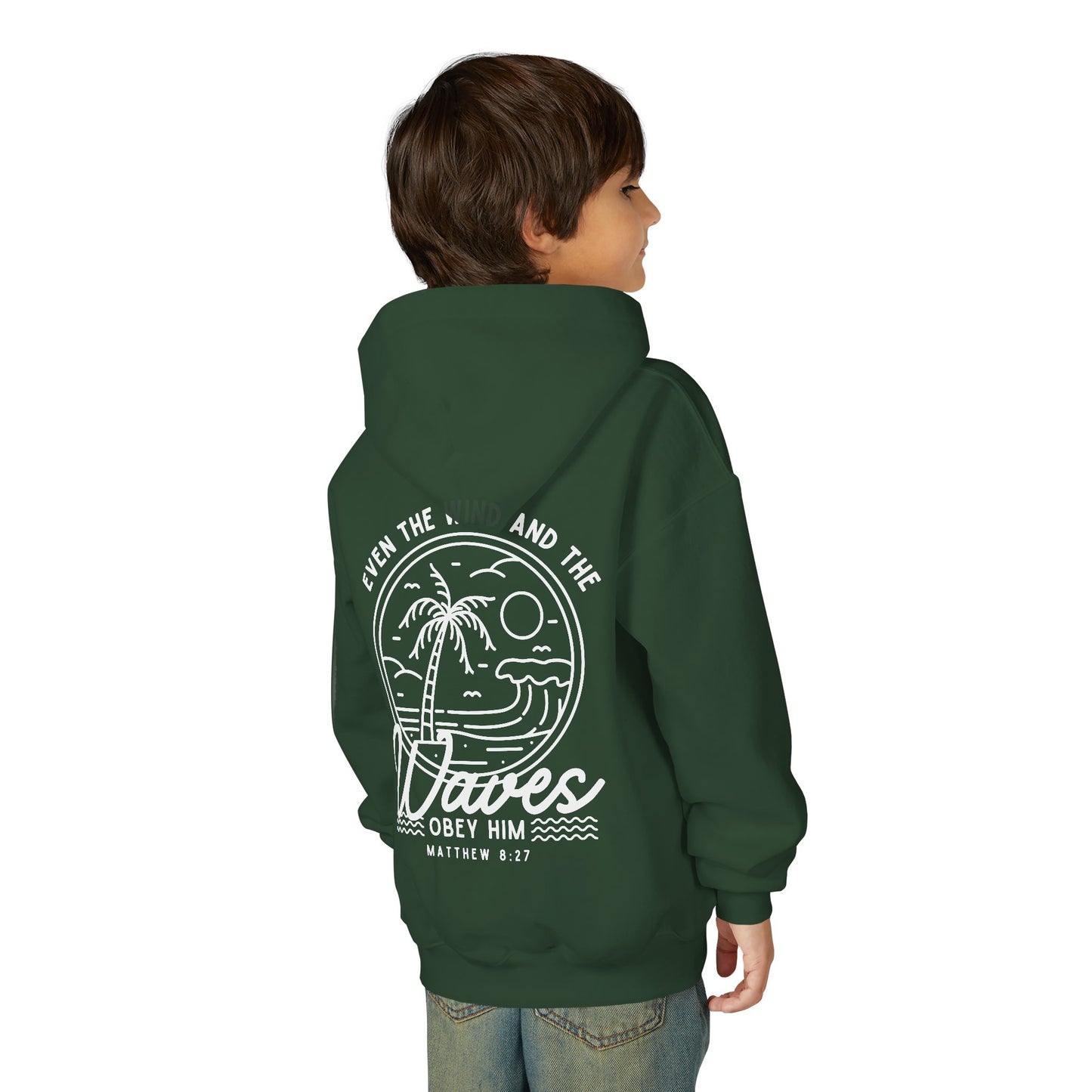 Youth 'Even The Wind And The Waves Obey Him' Bible Verse Hoodie, Beach Vibes Kids Hooded Sweatshirt, Faith-Inspired Teen Hoodie