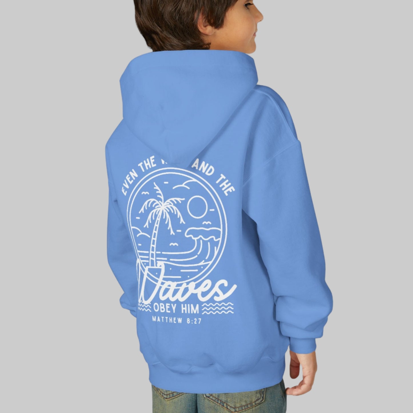 Youth 'Even The Wind And The Waves Obey Him' Bible Verse Hoodie, Beach Vibes Kids Hooded Sweatshirt, Faith-Inspired Teen Hoodie