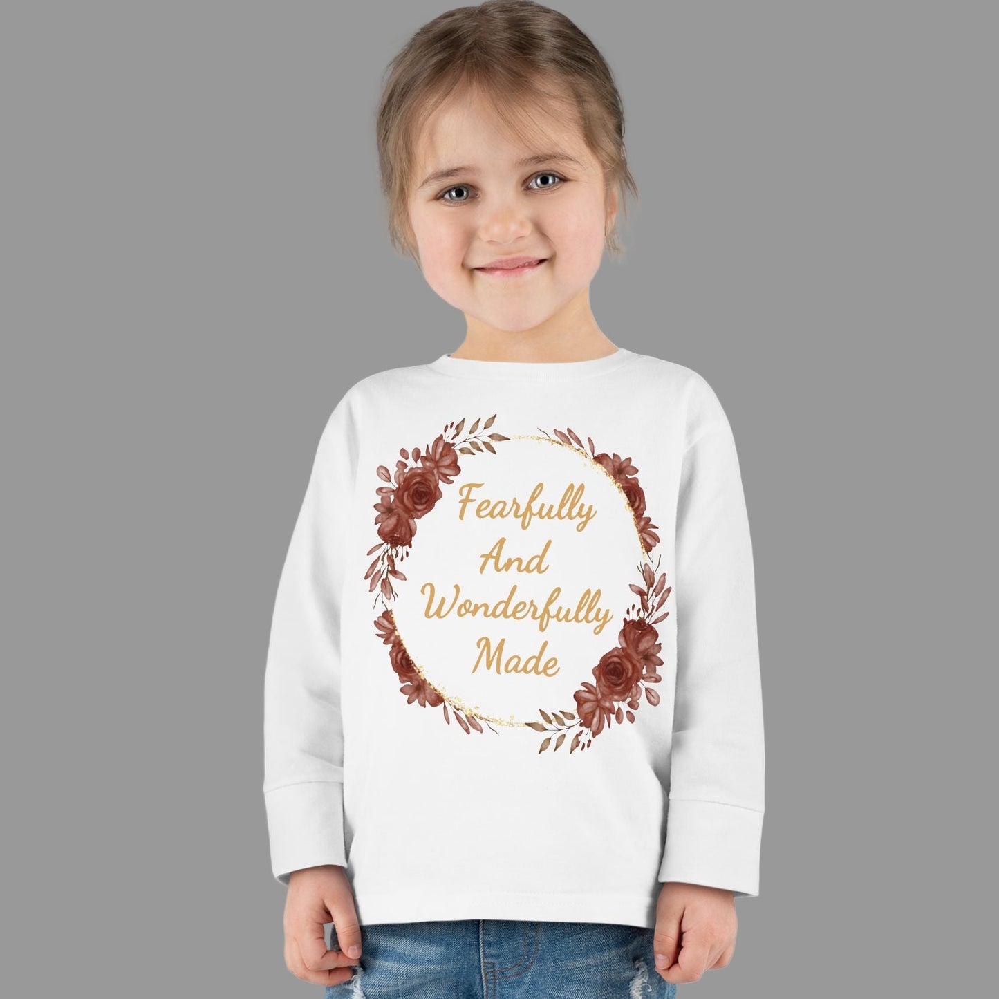 Toddler Fearfully And Wonderfully Made Long Sleeve Tee, Charming Kids Shirt, Baby Birthday Gift, Cute Toddler Floral Bible Verse Design Tee