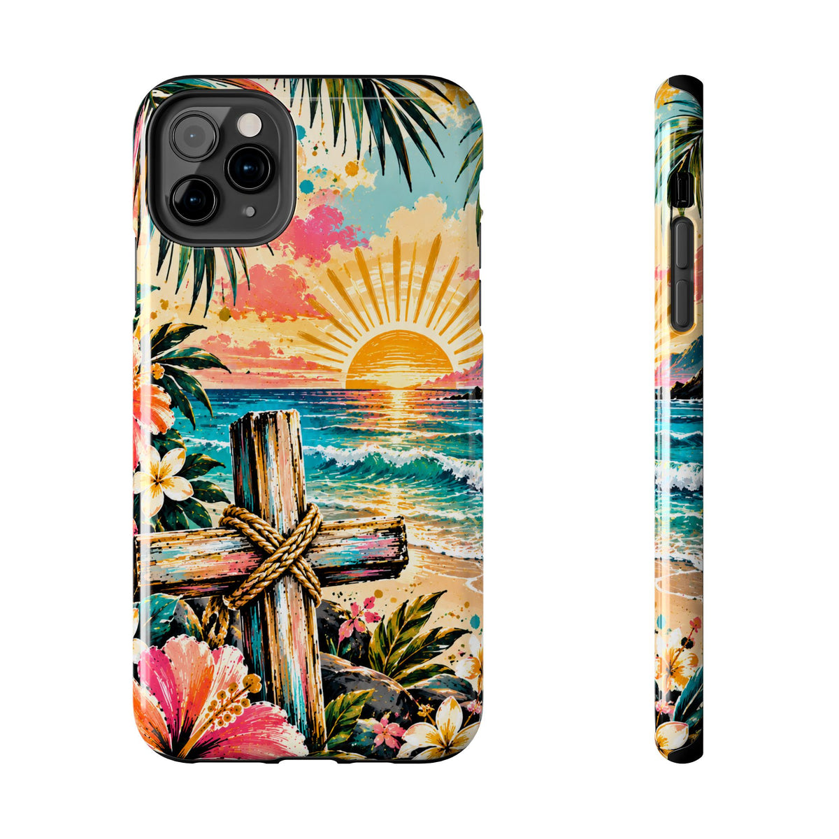 Tropical Cross Christian Phone Case | Beach Sunset & Floral Faith-Inspired Protective Case