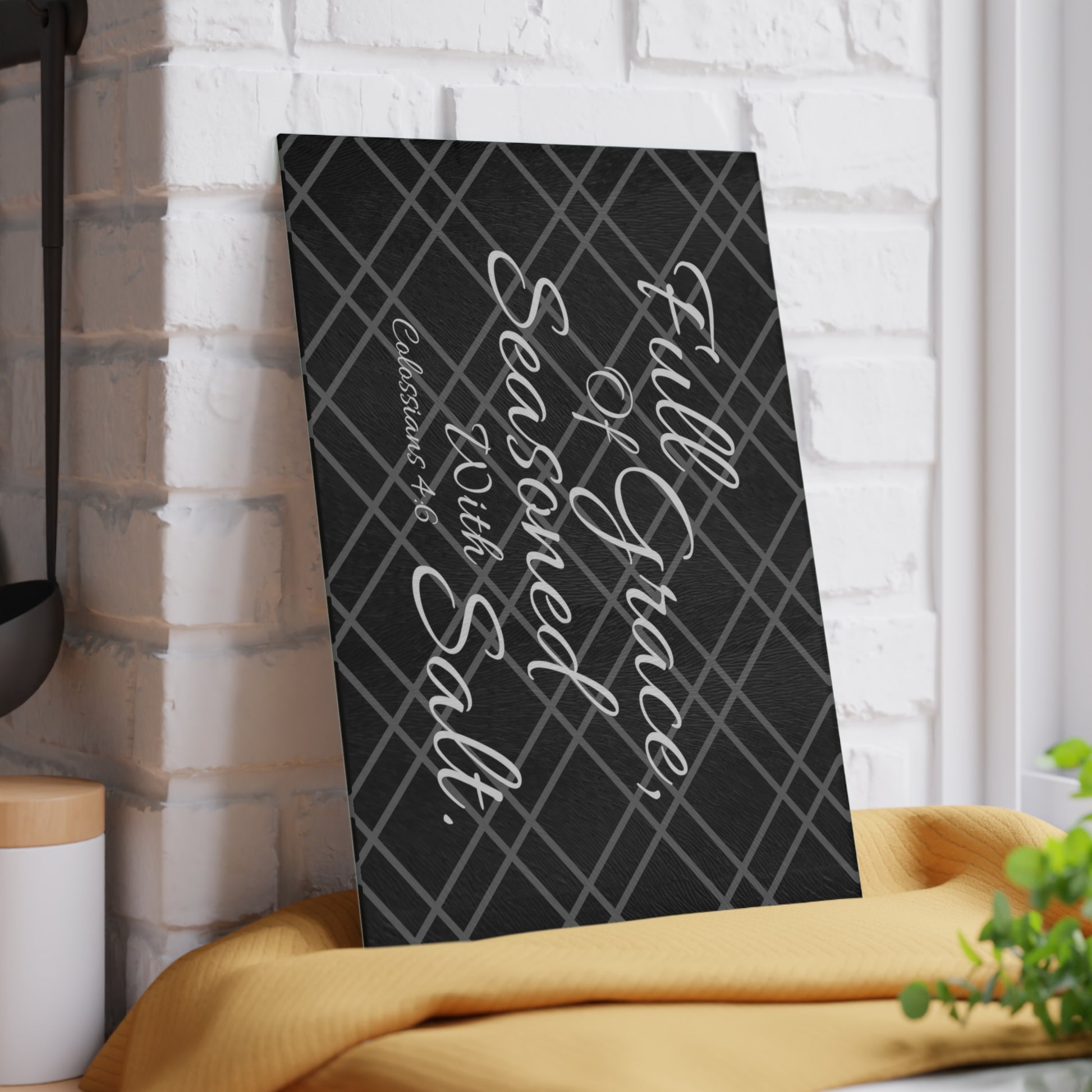 Black Bible Verse Glass Cutting Board. Full Of Grace, Seasoned With Salt. Christian Kitchenware. Christian Home Decor