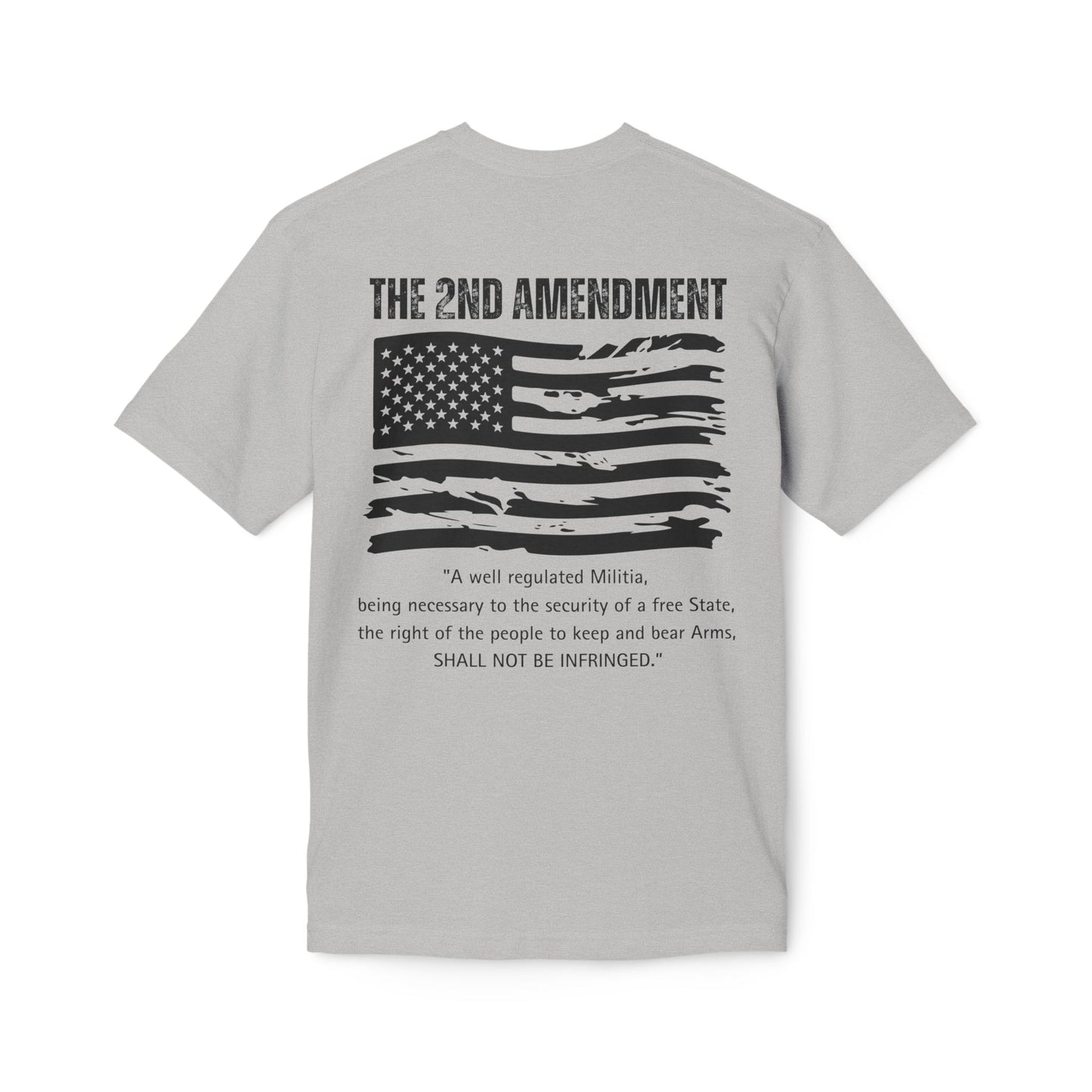 Gray t-shirt with American flag graphic and text on a white background