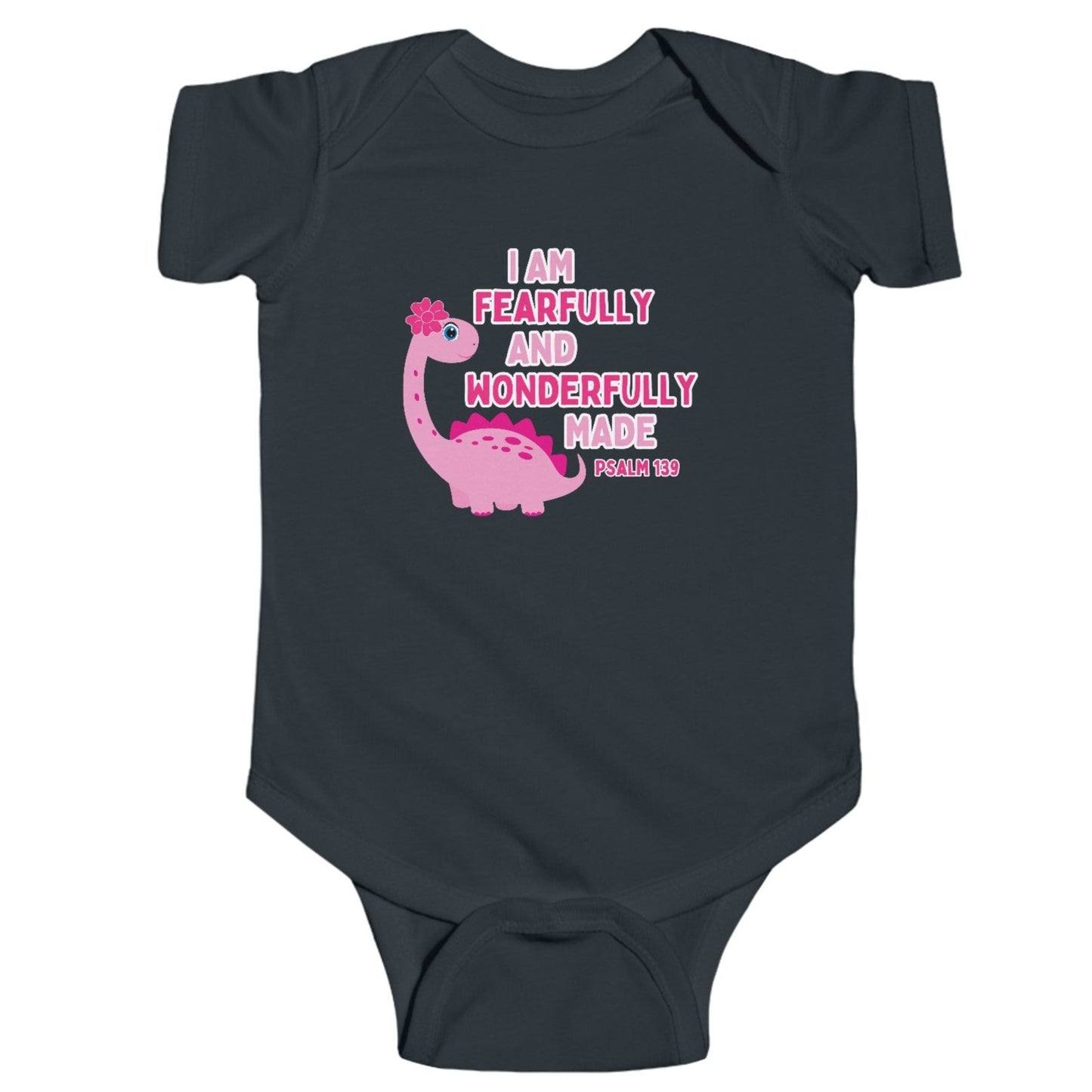 Celebrate the arrival of your newborn girl with our adorable pink dinosaur bodysuit. Made with a soft 100% cotton fabric, this onesie is perfect for your little one's delicate skin. With the bible verse Psalm 139:14, "I am fearfully and wonderfully made," it serves as a reminder of your precious baby's uniqueness. Cataldo Creations