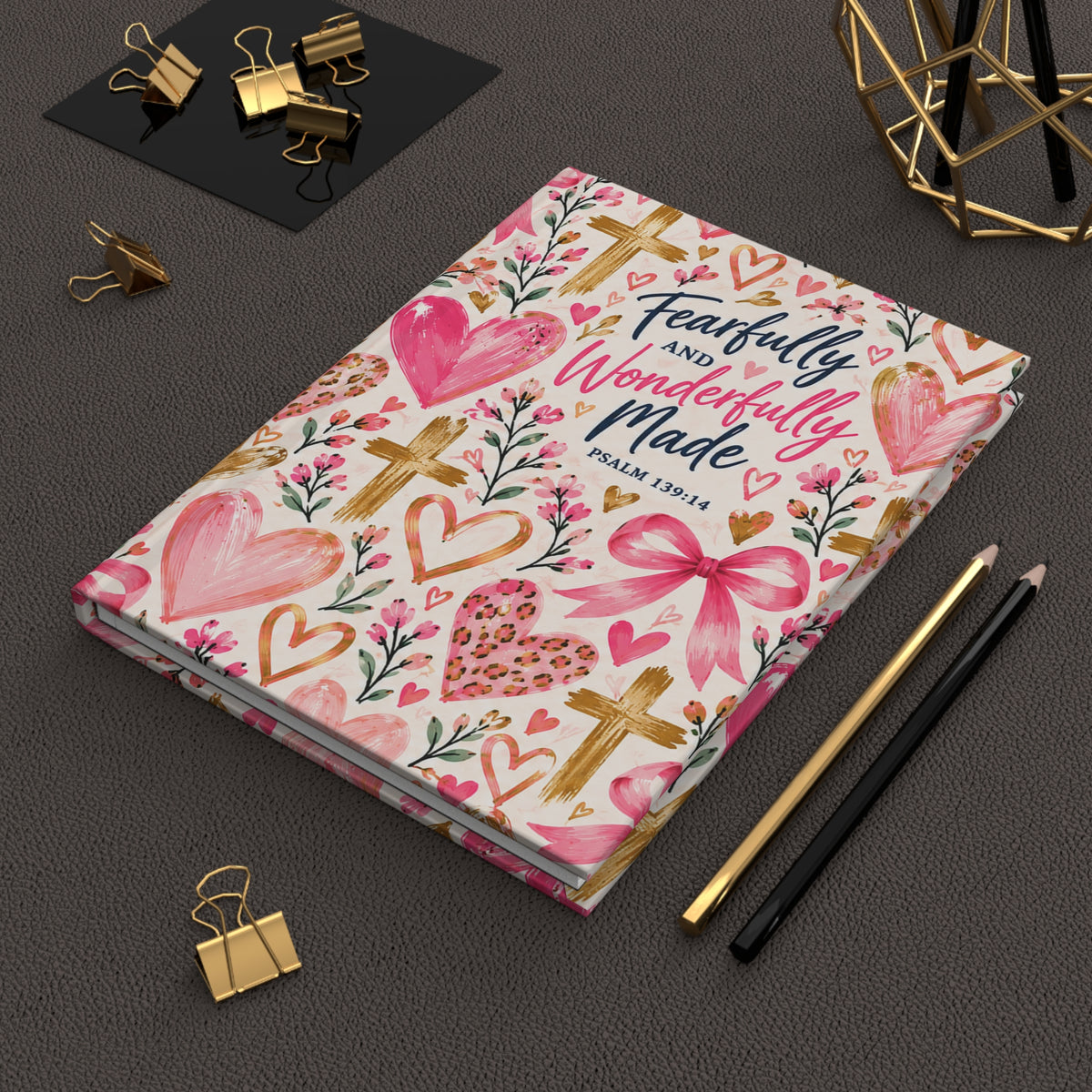 Fearfully and Wonderfully Made Christian hardcover journal for girls featuring Psalm 139:14 with pink hearts, bows, flowers and gold crosses.