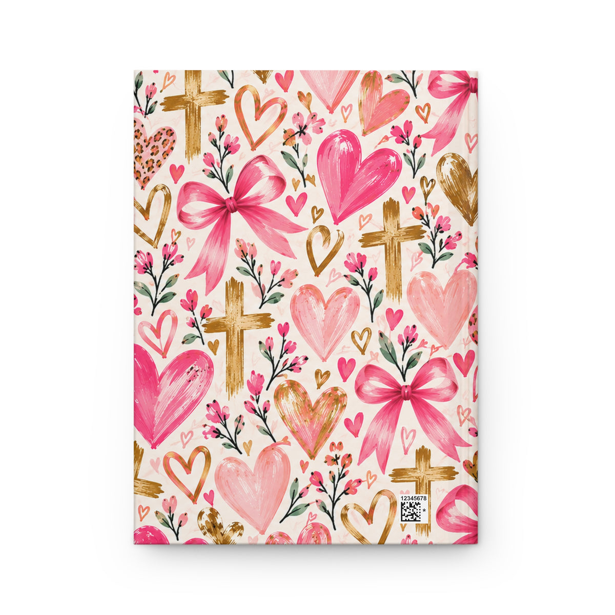 Fearfully and Wonderfully Made Christian hardcover journal for girls featuring Psalm 139:14 with pink hearts, bows, flowers and gold crosses.