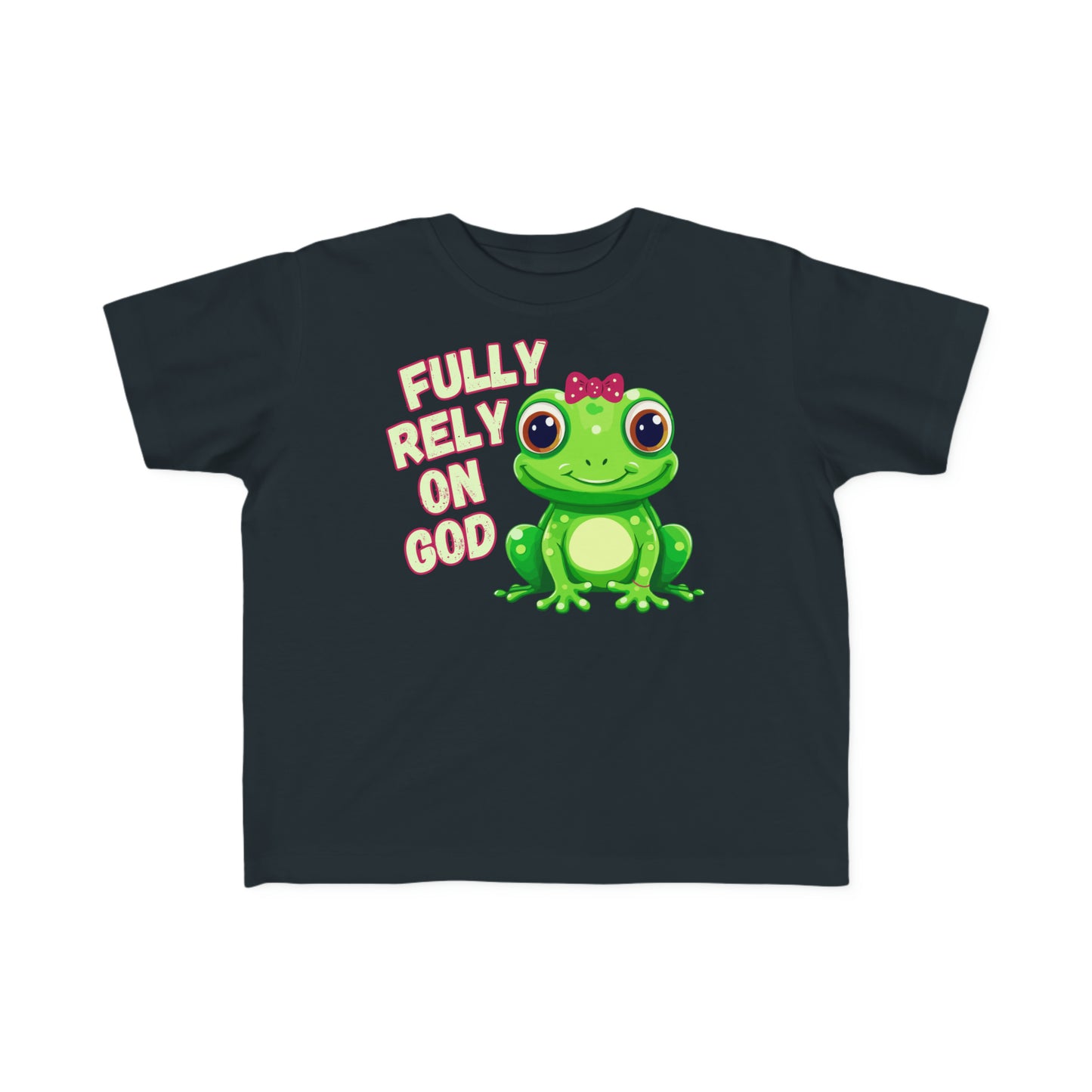 FROG. Fully Rely On God. This cute little girl toddler short sleeve t-shirt has an adorable green frog wearing a pink bow.&nbsp; Alongside are the words Fully Rely On God in light green and pink lettering. Perfect for your toddler girl! Christian toddler tee. Cataldo Creations apparel for toddlers