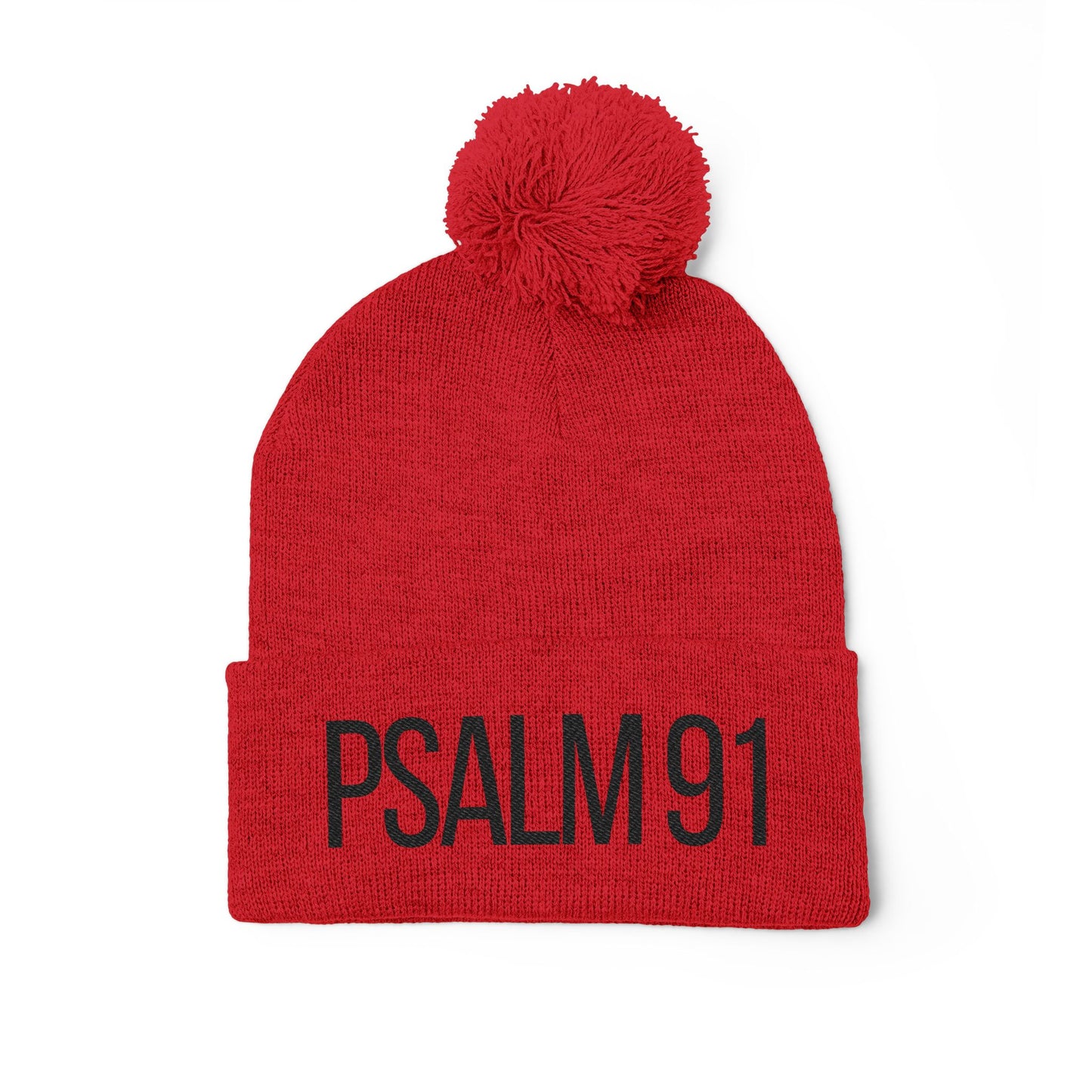 Red beanie with pom-pom and 'PSALM 91' text on a white background
