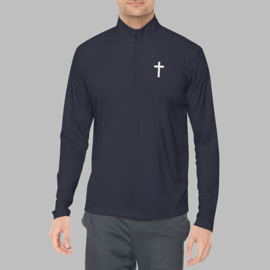 The Cross Quarter-Zip Pullover has a small cross on the front chest pocket. A perfect and simple way to wear your faith on the golf course, trails, boat and more!  Cataldo Creations. Christian Apparel. Faith Based Apparel.