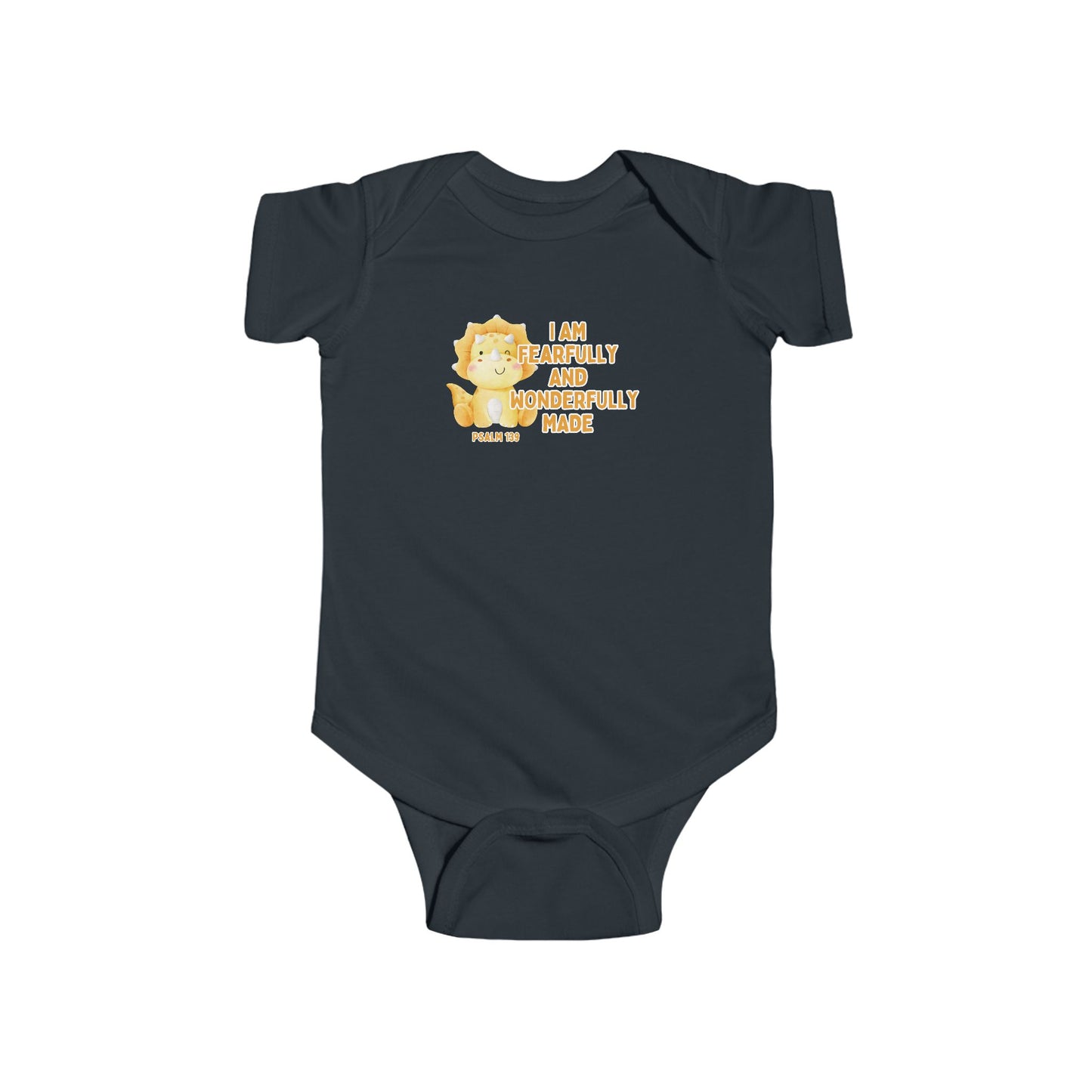 Fearfully and Wonderfully Made Dinosaur Baby Bodysuit | Psalm 139:14 Christian Infant Onesie | Cute Triceratops Baby Outfit
