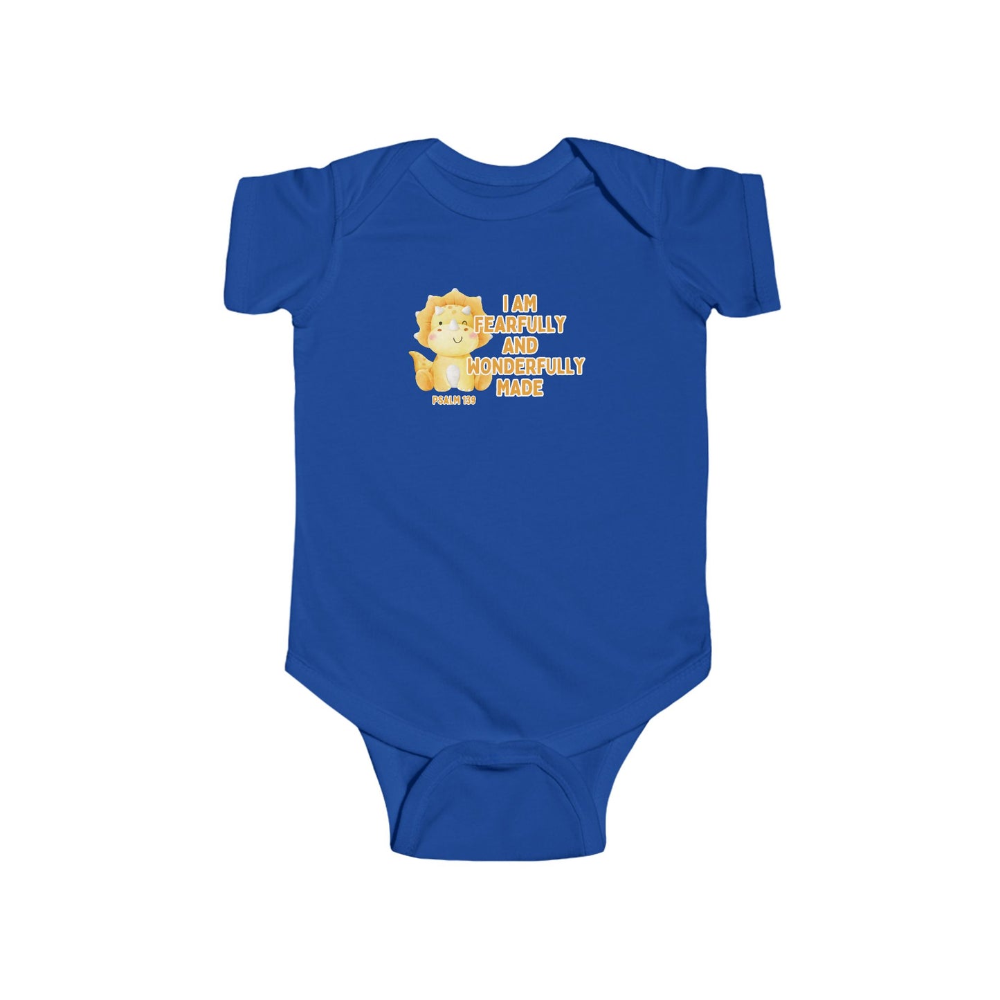 Fearfully and Wonderfully Made Dinosaur Baby Bodysuit | Psalm 139:14 Christian Infant Onesie | Cute Triceratops Baby Outfit