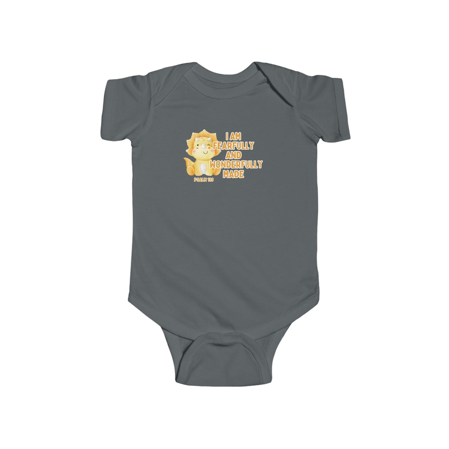 Fearfully and Wonderfully Made Dinosaur Baby Bodysuit | Psalm 139:14 Christian Infant Onesie | Cute Triceratops Baby Outfit