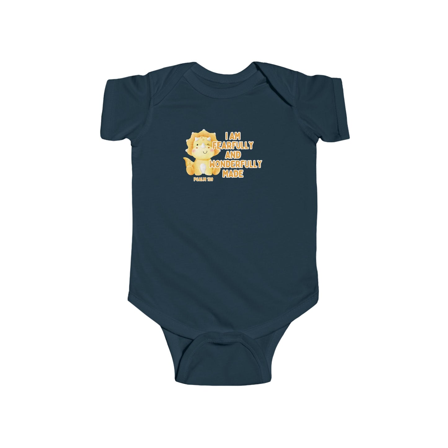 Fearfully and Wonderfully Made Dinosaur Baby Bodysuit | Psalm 139:14 Christian Infant Onesie | Cute Triceratops Baby Outfit