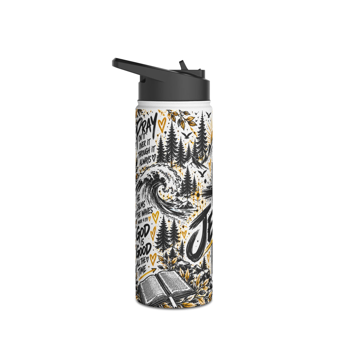 Jesus Christian insulated stainless steel water bottle with bold black, white and gold graffiti artwork, cross, mountains, pine trees and John 14:6 Scripture design.