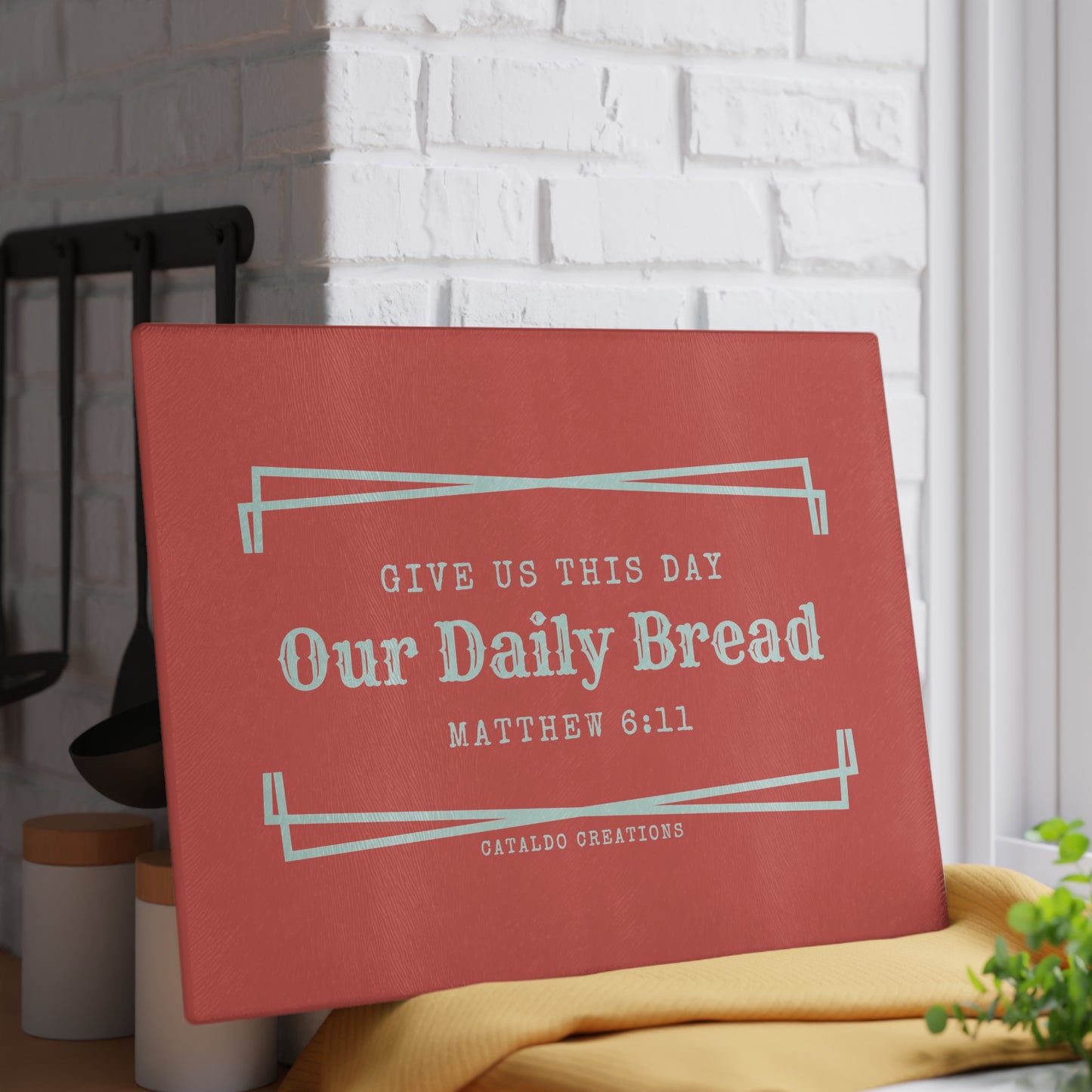 Give Us This Day Our Daily Bread. Matthew 6:11 bible verse glass kitchen cutting board. Perfect for the Christian home and Christian kitchen!