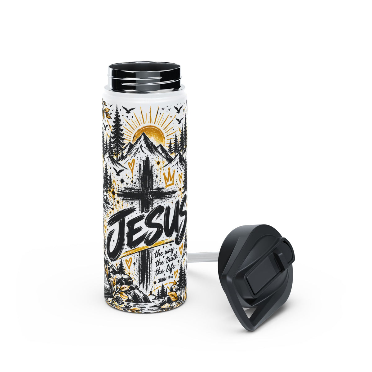 Jesus Christian insulated stainless steel water bottle with bold black, white and gold graffiti artwork, cross, mountains, pine trees and John 14:6 Scripture design.