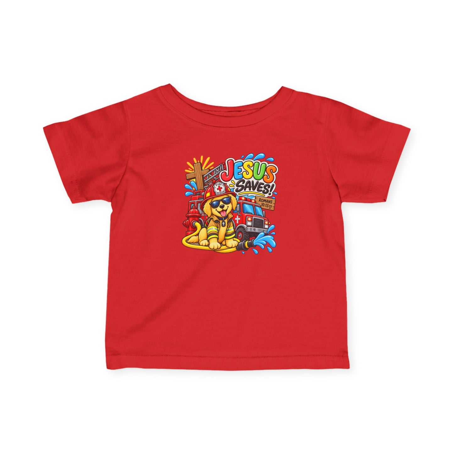 Jesus Saves Firefighter Puppy Infant T-Shirt | Christian Baby Bible Verse Tee | Romans 10:13 Faith Shirt