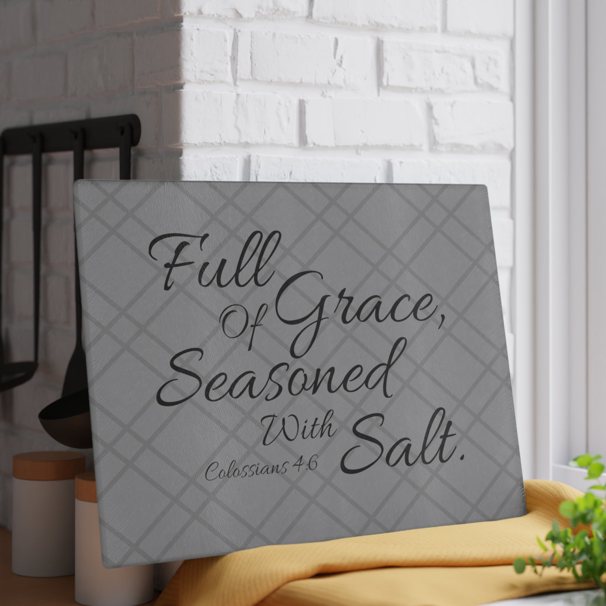 Gray Bible Verse Glass Cutting Board. Full Of Grace, Seasoned With Salt. Christian home decor. Christian kitchenware.