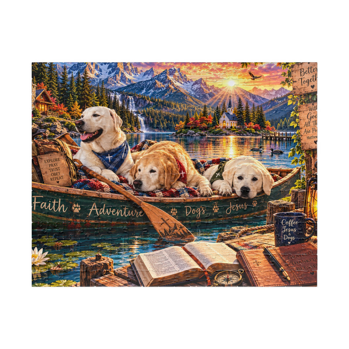 Christian Labrador Retriever jigsaw puzzle featuring three dogs in a canoe on a mountain lake at sunset, with a waterfall, chapel, Bible, and faith-inspired messages.
 Copy alt text