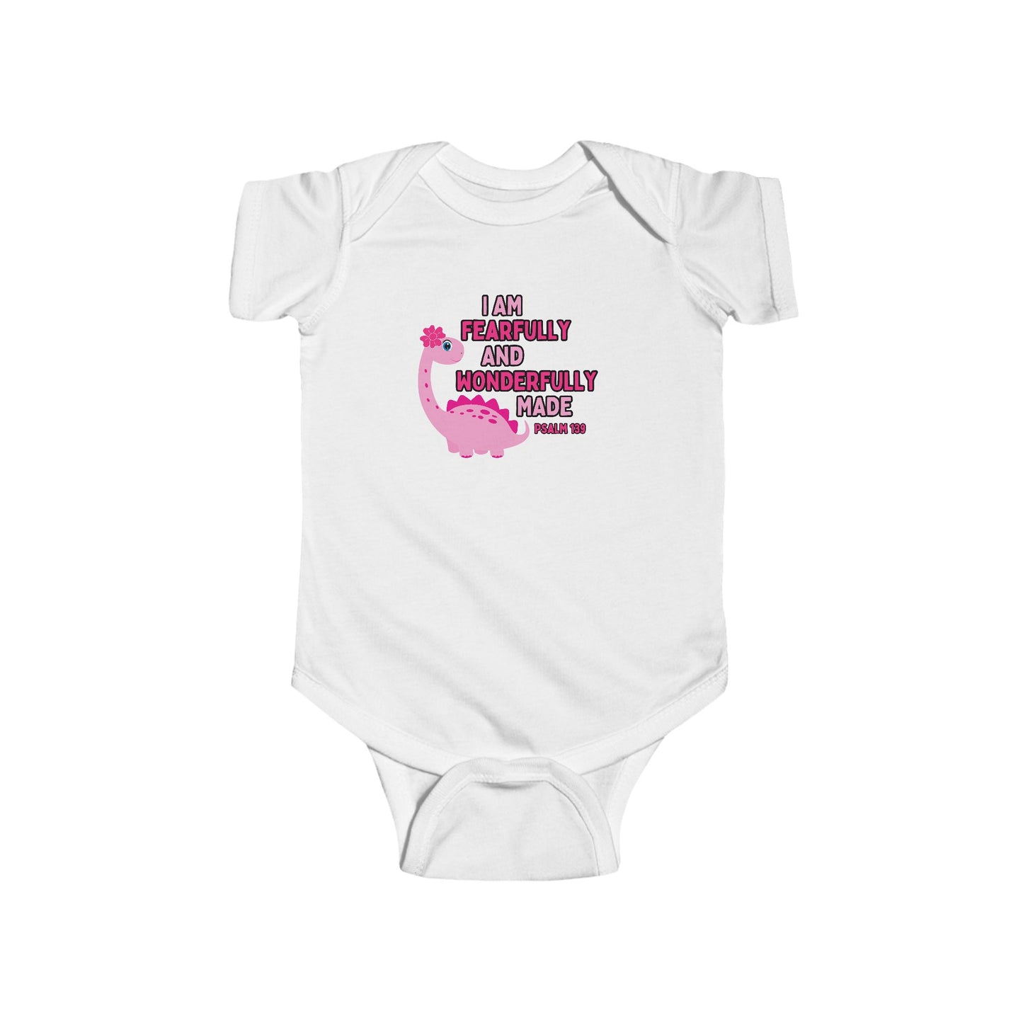 Fearfully and Wonderfully Made Dinosaur Baby Girl Bodysuit | Psalm 139:14 Christian Infant Onesie | Cute Dino Baby Outfit