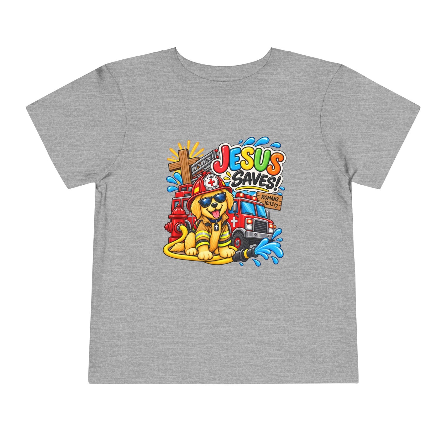 Jesus Saves Firefighter Puppy Toddler T-Shirt | Christian Bible Verse Tee for Boys & Girls | Romans 10:13 Faith Shirt