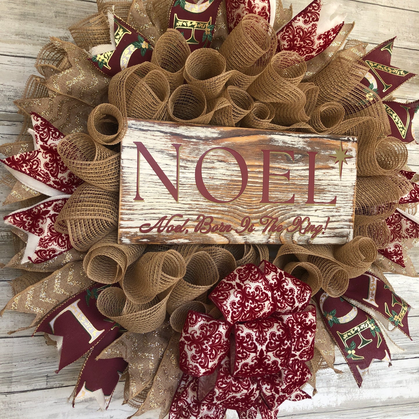 Christmas Door Wreath With Bow. Noel, Born Is The King Wreath