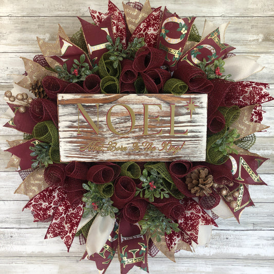 Burgundy Christmas Door Wreath. Noel, Born Is The King Wreath