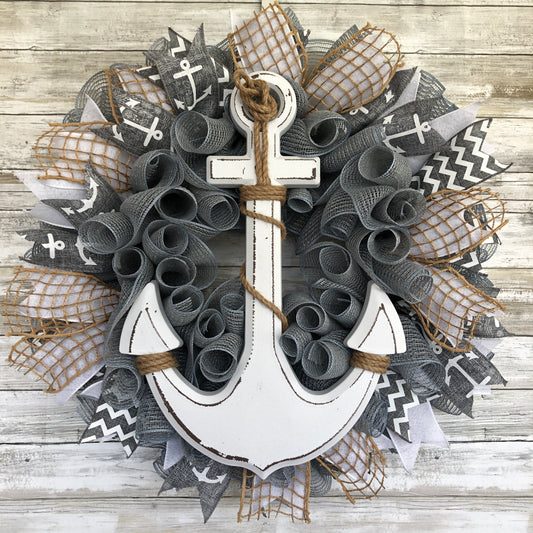 Nautical Anchor Door wreath. Anchors Away! This grey and white door wreath has a timeless and classy look for any home. Handmade Door Wreath. Made in the USA. 