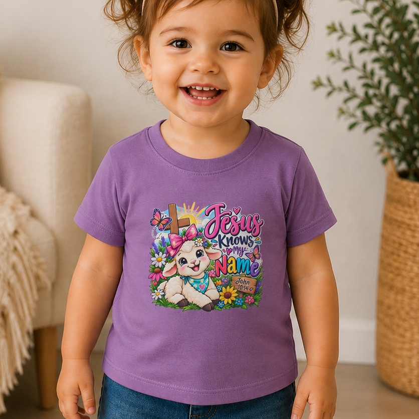 Jesus Knows My Name Infant Christian T-Shirt – John 10:14 Bible Verse Baby Girl Tee with Lamb