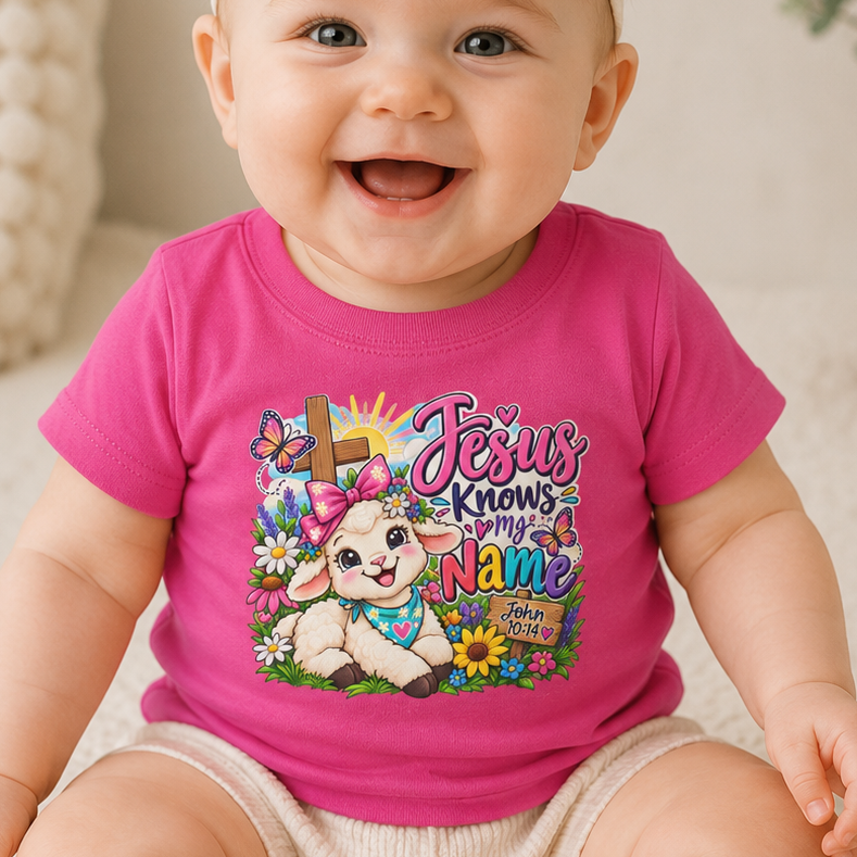 Jesus Knows My Name Infant Christian T-Shirt – John 10:14 Bible Verse Baby Girl Tee with Lamb