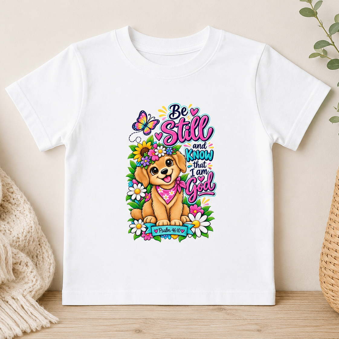 Be Still and Know That I Am God Toddler Christian T-Shirt – Psalm 46:10 Faith-Based Toddler Tee with Floral Puppy Design