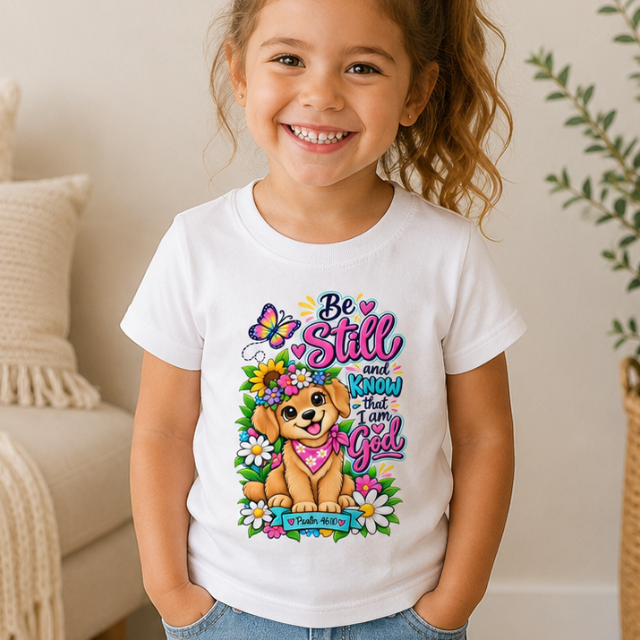 Be Still and Know That I Am God Toddler Christian T-Shirt – Psalm 46:10 Faith-Based Toddler Tee with Floral Puppy Design