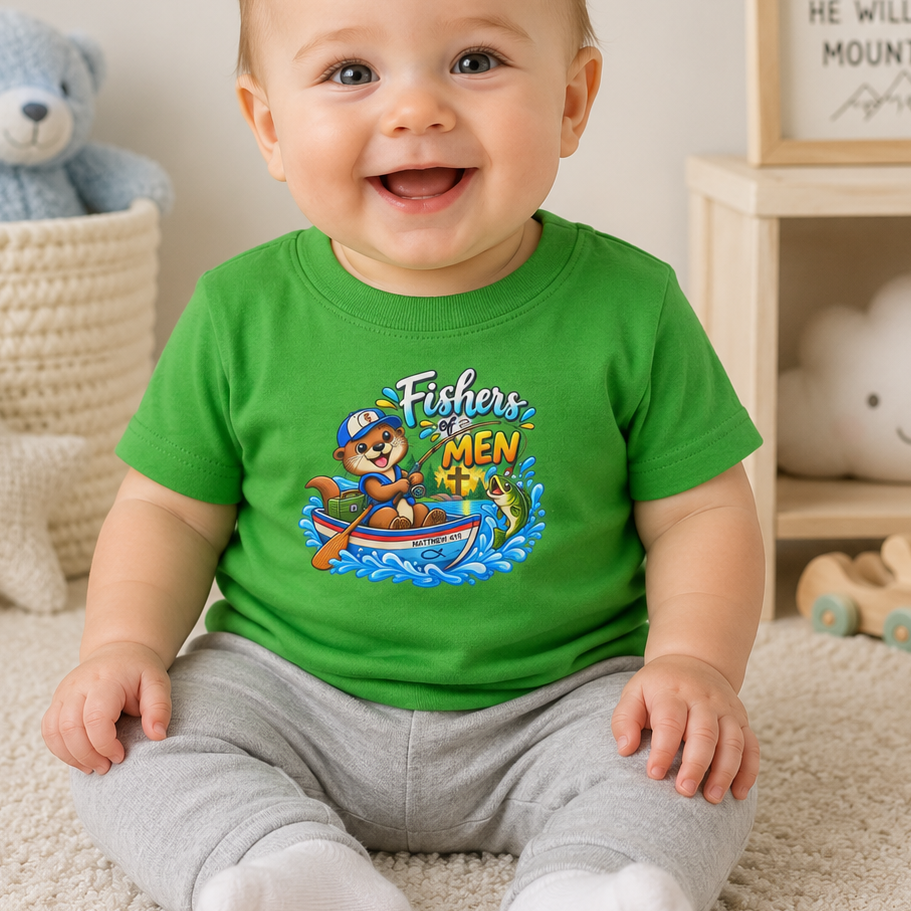 Fishers of Men Christian Infant T-Shirt – Matthew 4:19 Faith-Based Baby Tee with Cute Otter Design