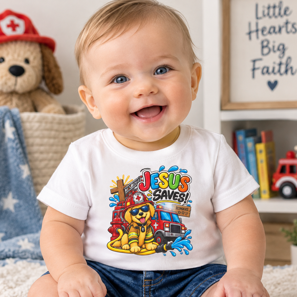 Jesus Saves Firefighter Puppy Infant T-Shirt | Christian Baby Bible Verse Tee | Romans 10:13 Faith Shirt