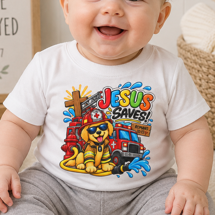 Jesus Saves Firefighter Puppy Infant T-Shirt | Christian Baby Bible Verse Tee | Romans 10:13 Faith Shirt