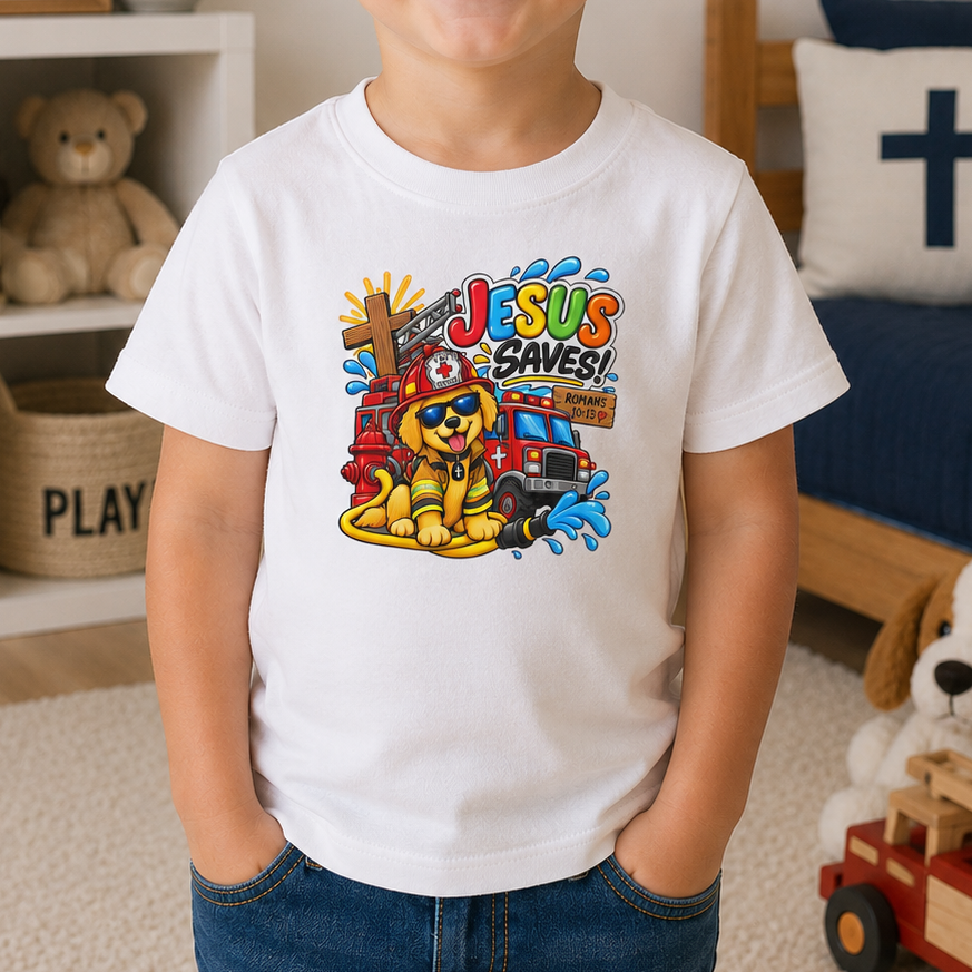 Jesus Saves Firefighter Puppy Toddler T-Shirt | Christian Bible Verse Tee for Boys & Girls | Romans 10:13 Faith Shirt