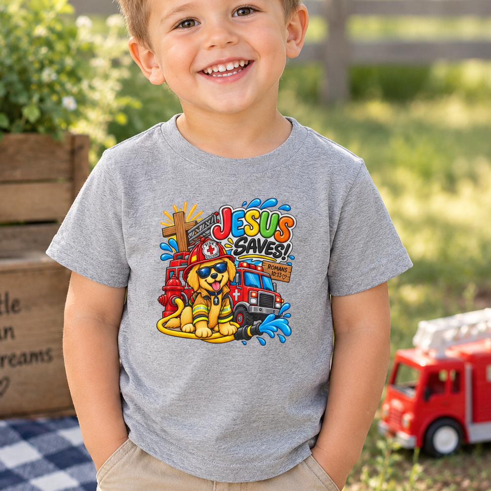 Jesus Saves Firefighter Puppy Toddler T-Shirt | Christian Bible Verse Tee for Boys & Girls | Romans 10:13 Faith Shirt