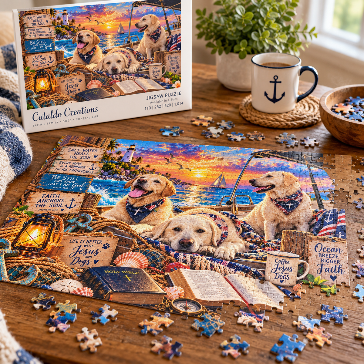 Christian Labrador Retriever jigsaw puzzle featuring three dogs on a boat at sunset with Bible verses, lighthouse, and coastal artwork