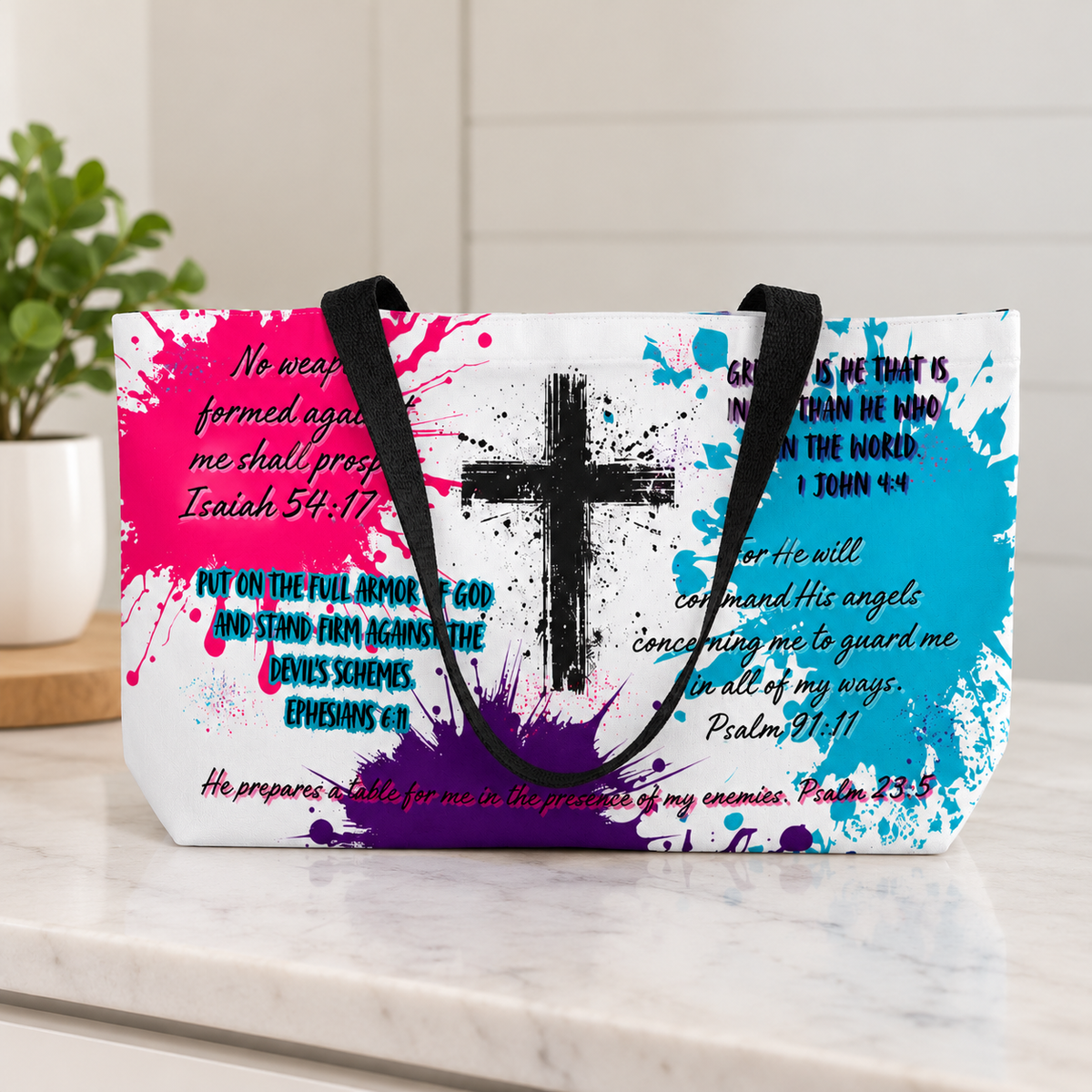 Christian Bible Verse Tote Bag | Women's Faith & Protection Beach Bag with Cross | 24" x 13"