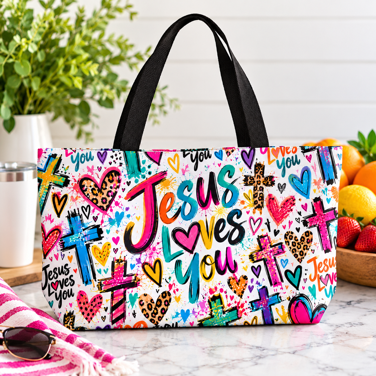 Jesus Loves You Christian Tote Bag | Colorful Faith-Inspired Beach Bag with Hearts & Crosses