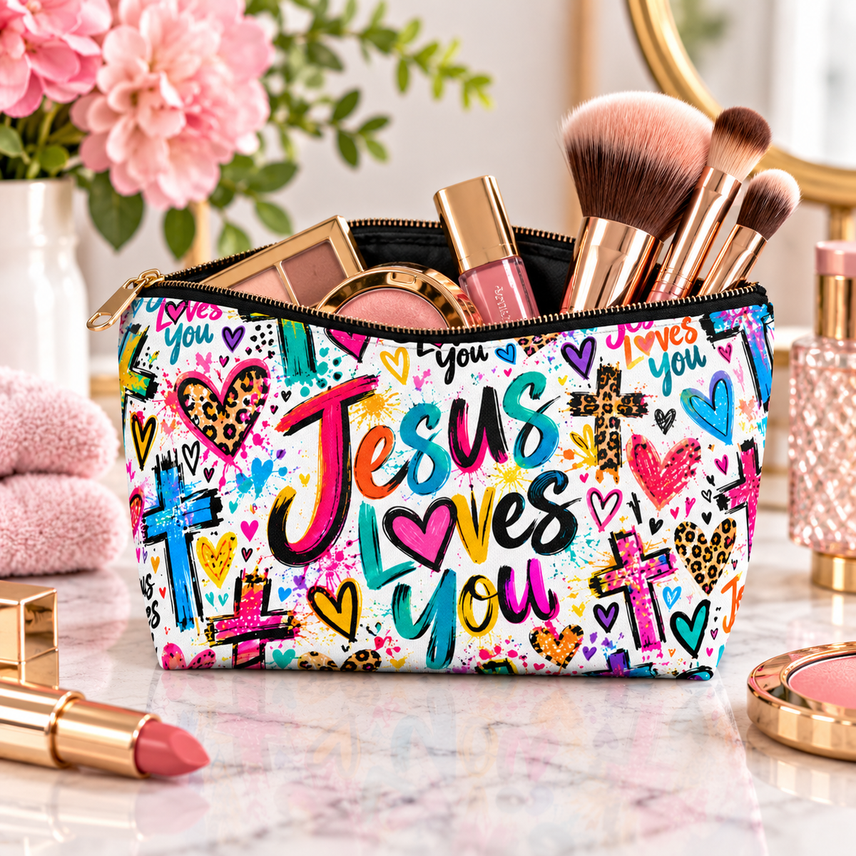 Jesus Loves You Makeup Bag – Colorful Christian Accessory Pouch | Small & Large