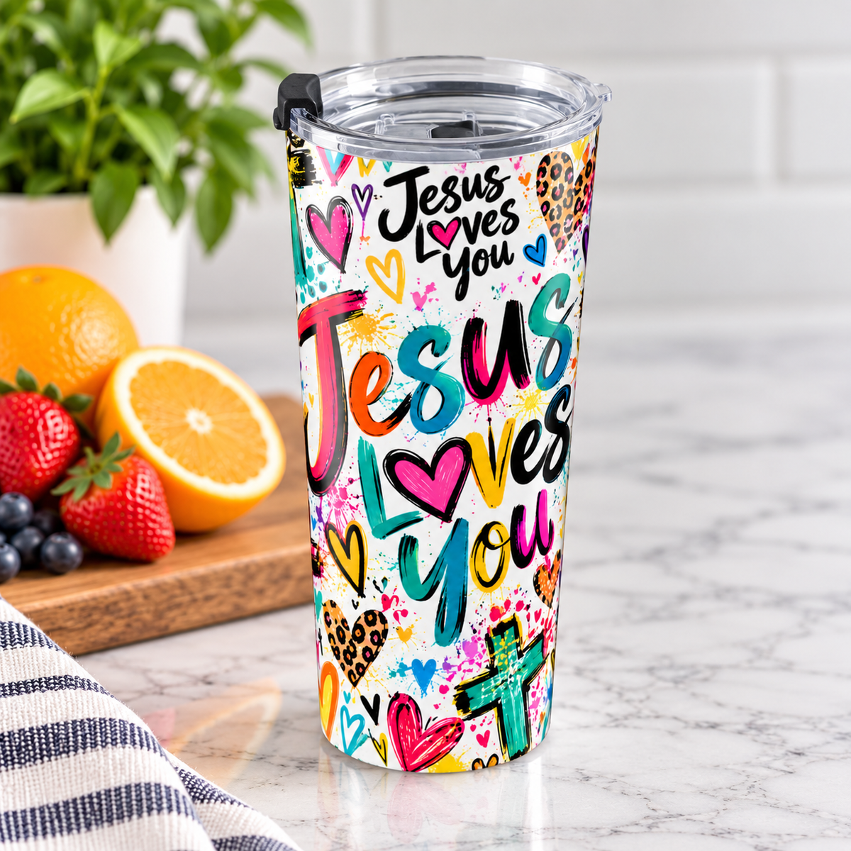 Jesus Loves You 20oz Tumbler | Colorful Christian Faith Cup with Lid