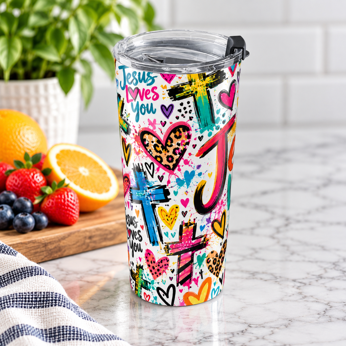 Jesus Loves You 20oz Tumbler | Colorful Christian Faith Cup with Lid