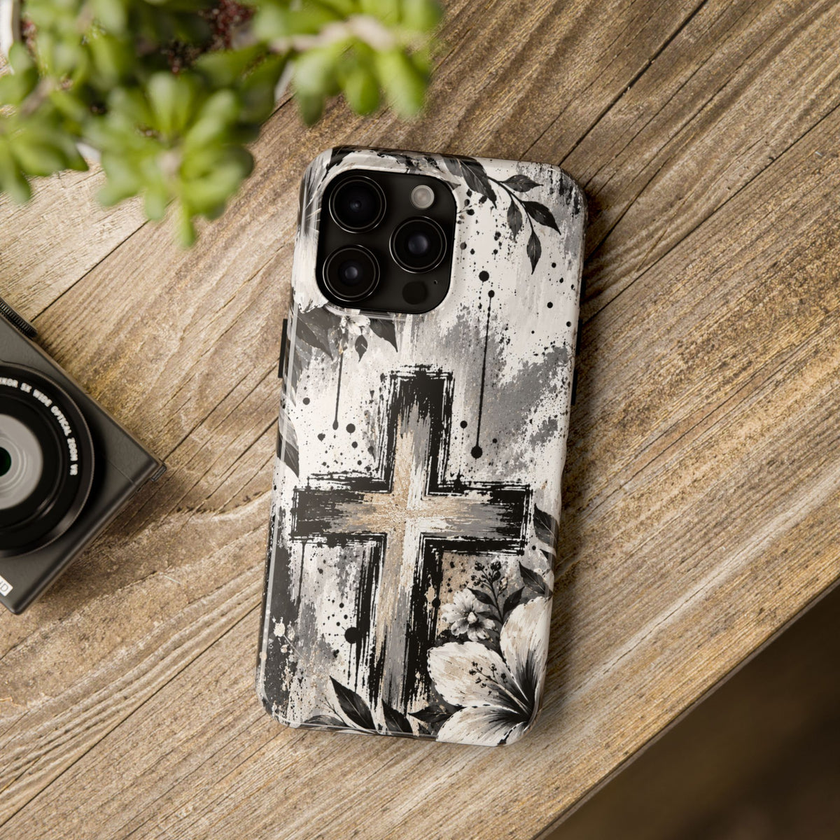 Black & White Floral Cross Christian Phone Case | Faith-Inspired Protective iPhone Case