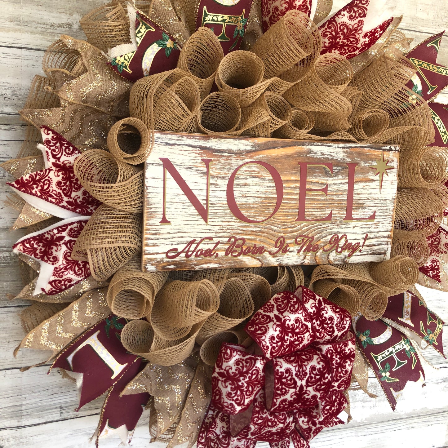 Christmas Door Wreath With Bow. Noel, Born Is The King Wreath