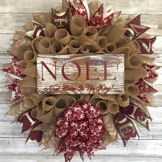 Christmas Door Wreath With Bow. Noel, Born Is The King Wreath