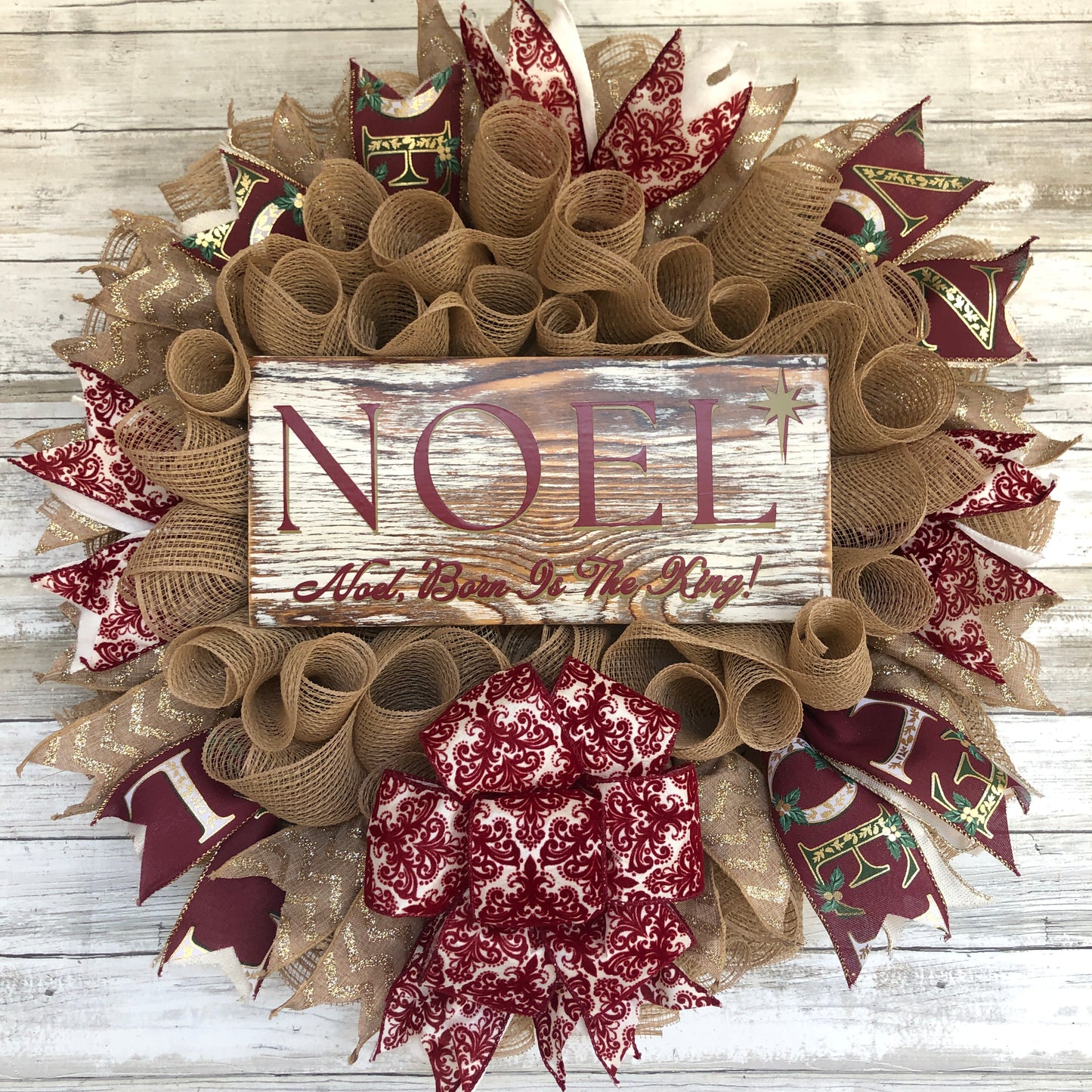 Christmas Door Wreath With Bow. Noel, Born Is The King Wreath