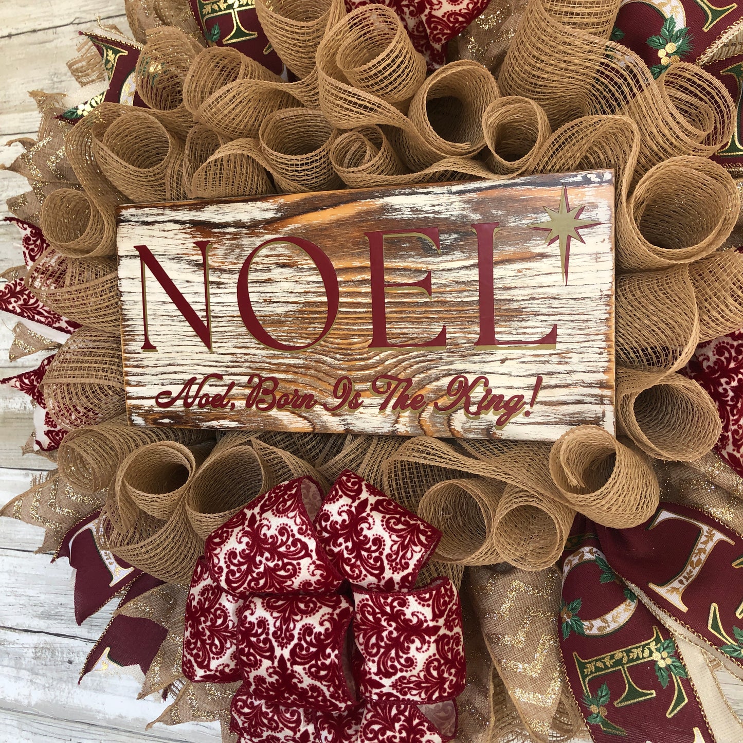 Christmas Door Wreath With Bow. Noel, Born Is The King Wreath