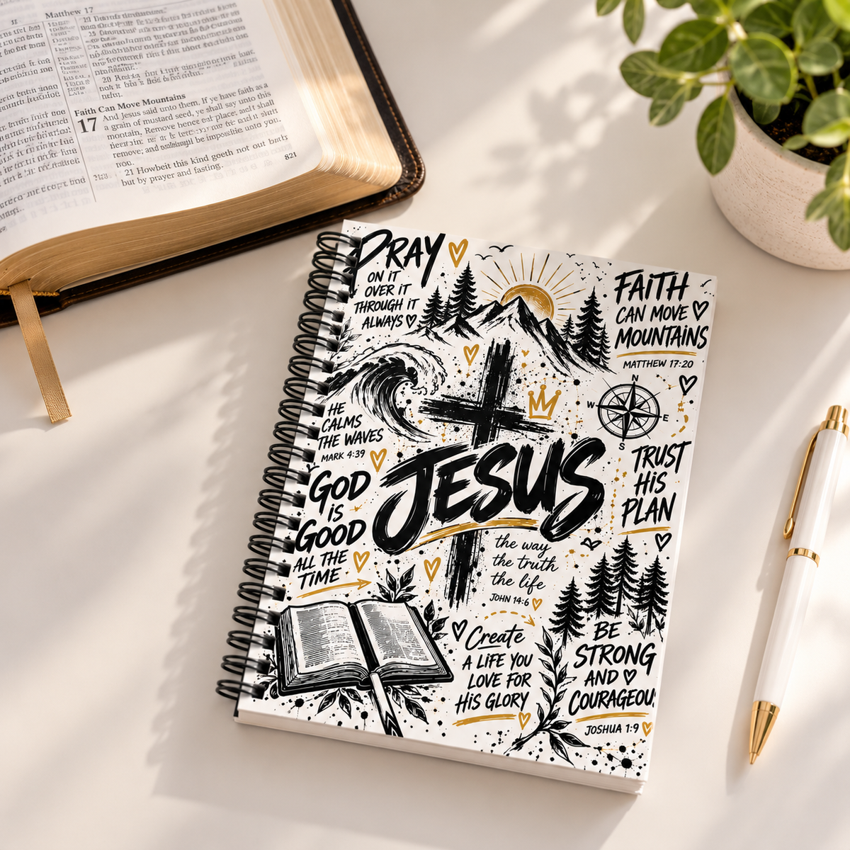 Jesus Christian Spiral Notebook – Faith-Inspired Journal with Bible Verses | Black, White & Gold Design